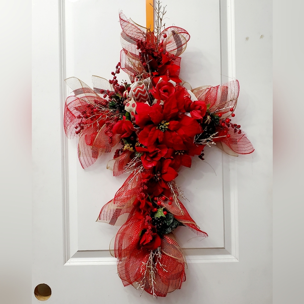 Red Roses & Poinsettia Cross Door/Wall Hanging
